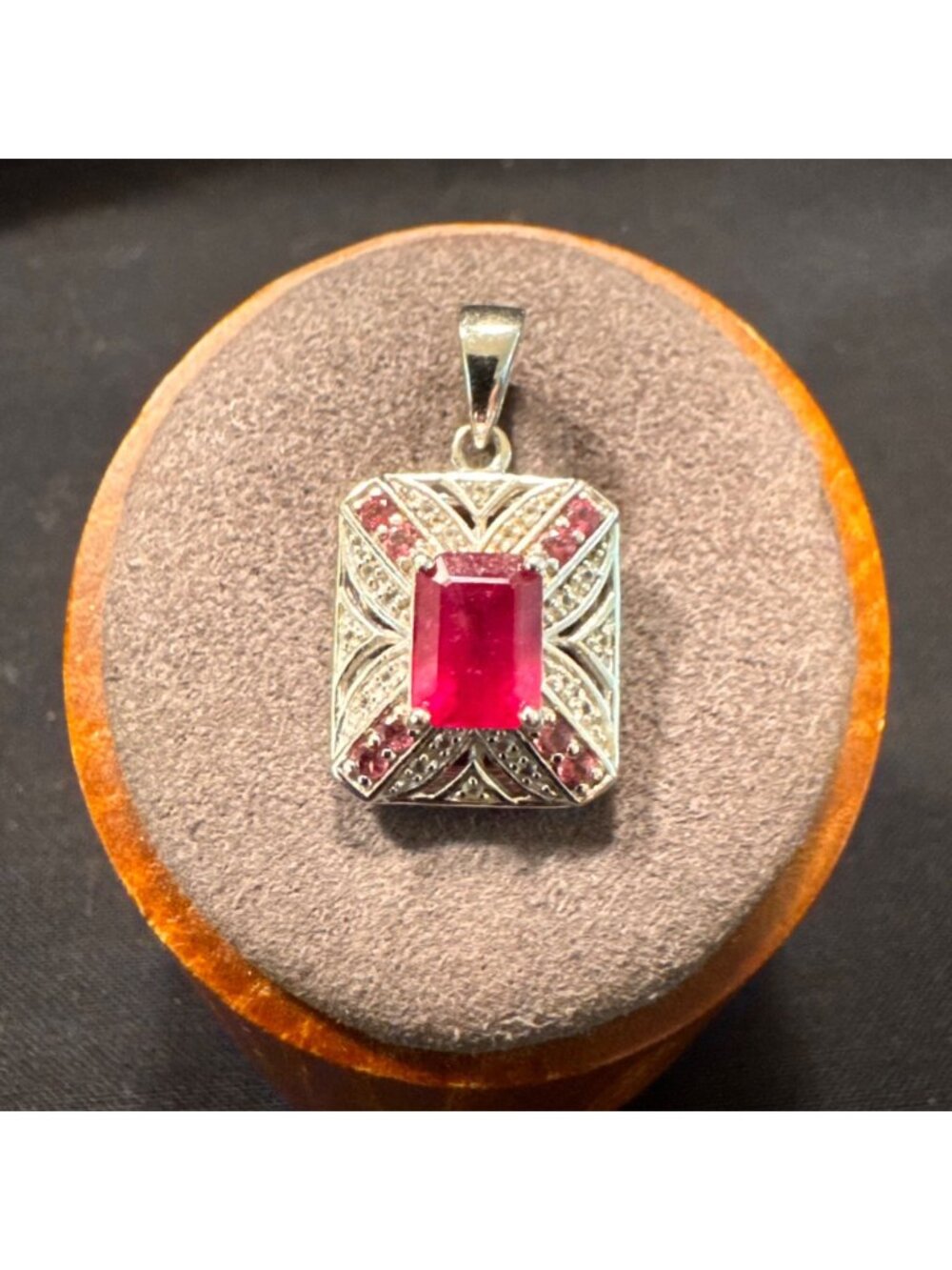 Solid Sterling Silver 925 Ruby Prong Set Rectangle Pendant Size 1" Length